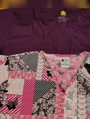 NWT 2 V-Neck Scrub Tops - Plum Solid + Pink Patchwork Butterfly